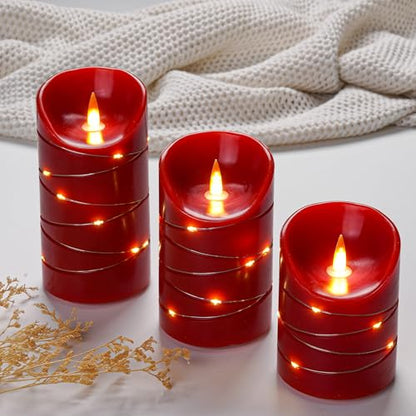 Rechargeable LED Candles, Real Wax, 4 5 6 in,Red, 3 Pack | USB Rechargeable Real Wax Candles with Remote, Timer and Star Lights - color: Red
