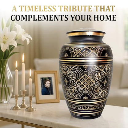 Cremation Urns for Human Ashes – Handcrafted 200 Cu in Brass Memorial Urn with Tight-Seal Lid – A Beautiful, Lasting Tribute for Loved Ones (Black, Large) - color: Black