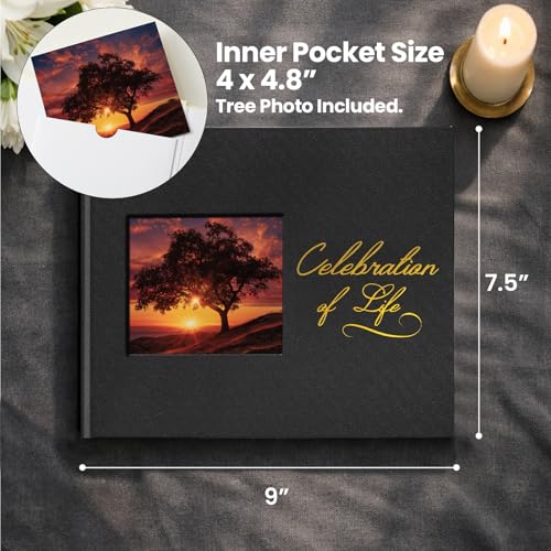 Funeral Guest Book, Celebration of Life GuestBook with Photo Slot | 330 Entries, Table Sign Card Included, Gold Stamping, Twill-Textured Paper Cover, in Loving Memory Keepsake, 9x7.5", Black - color: Black-c