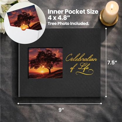 Funeral Guest Book, Celebration of Life GuestBook with Photo Slot | 330 Entries, Table Sign Card Included, Gold Stamping, Twill-Textured Paper Cover, in Loving Memory Keepsake, 9x7.5", Black - color: Black-c