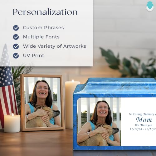 GetUrns Cultured Marble Urn Vault by Mackenzie with Personalized Picture and Text for Human Ashes I Mystic Blue Adult Urns for Male and Female I 210lbs - color: Mystic Blue