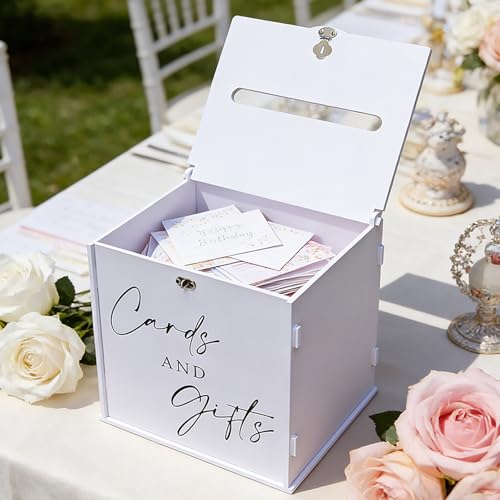 White Card Box with Lock & Slot, Elegant Wedding Card Boxes for Reception Money Envelope Cash Cards & Gifts, Spacious Gift Cards Holder Box for Party Graduation Baby Bridal Shower Table Decor - size: Large