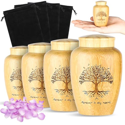 Beeveer 4 Sets Small Urn for Human Ashes Mini Urns with Tree Pattern Engraved Biodegradable Bamboo Cremation Urns for Pet Ashes with Black Velvet Bags