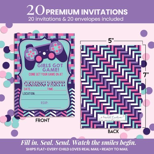 Girls Got Game Video Gaming Birthday Party Invitations for Girls, 20 5x7 Fill In Cards with Twenty White Envelopes by AmandaCreation - color: Girls Got Game Video