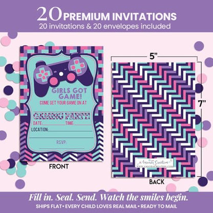 Girls Got Game Video Gaming Birthday Party Invitations for Girls, 20 5x7 Fill In Cards with Twenty White Envelopes by AmandaCreation - color: Girls Got Game Video
