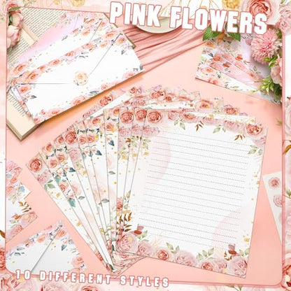 TaoBary 160 Pcs Stationery Paper Set 50 Double Sided Stationery Papers with 50 Matching Envelopes and 60 Round Dot Sticker, 10 Design(Floral,8.5 x 11 Inch) - size: 8.5 x 11 Inch, style: Floral