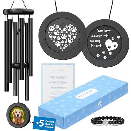 Dog Memorial Wind Chime 28" with 5 Pendant Designs and Comforting Pet Loss eBook- Pet Memorial Gifts-Loss of Dog Sympathy Gift-Dogs Wind Chimes, Remembrance Gift - color: Black