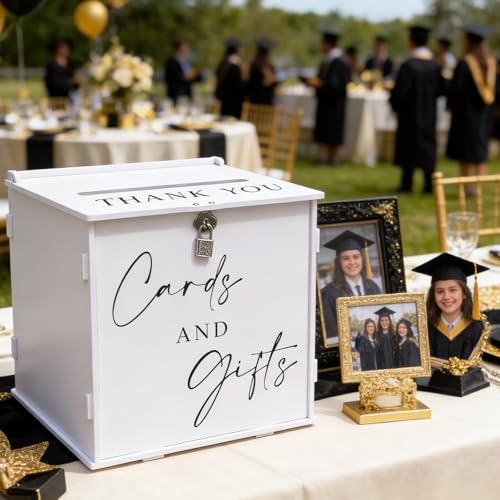 White Card Box with Lock & Slot, Elegant Wedding Card Boxes for Reception Money Envelope Cash Cards & Gifts, Spacious Gift Cards Holder Box for Party Graduation Baby Bridal Shower Table Decor - size: Large