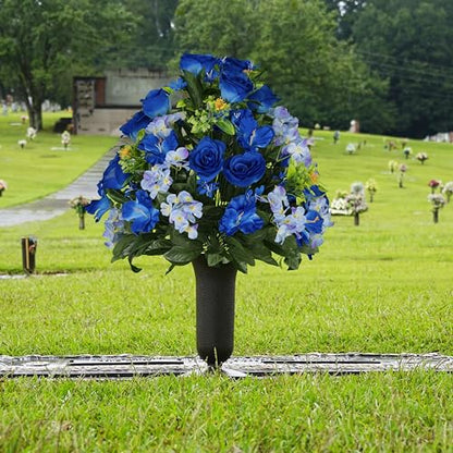 Sympathy Silks Artificial Cemetery Flowers - Gravesite Flowers - Blue Roses and Hydrangeas - (1) Bouquet (1) Cemetery Vase - size: Bouquet with Vase