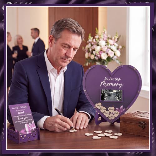 Gerrii Funeral Guest Book for Memorial Service with 100 Wood Hearts Drop Box and Pen Funeral Guest Heart Picture Frame for Memorial Service Celebration of Life Party Supplies in Loving Memory