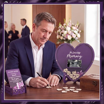 Gerrii Funeral Guest Book for Memorial Service with 100 Wood Hearts Drop Box and Pen Funeral Guest Heart Picture Frame for Memorial Service Celebration of Life Party Supplies in Loving Memory