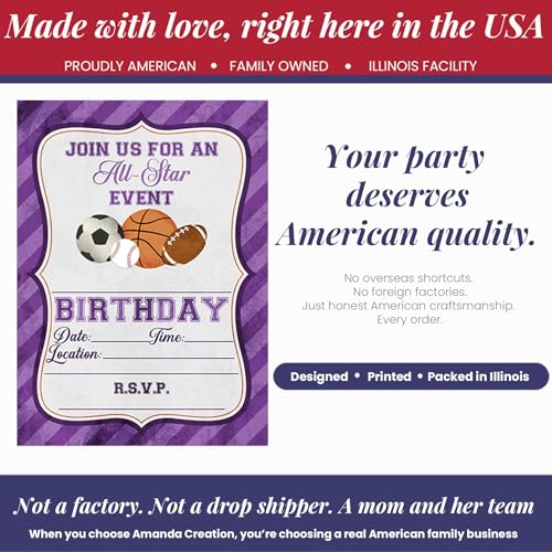 Purple All Star Sports-Themed Birthday Party Invitations for Girls, 20 5x7 Fill In Cards with Twenty White Envelopes by AmandaCreation - style: Purple All Star