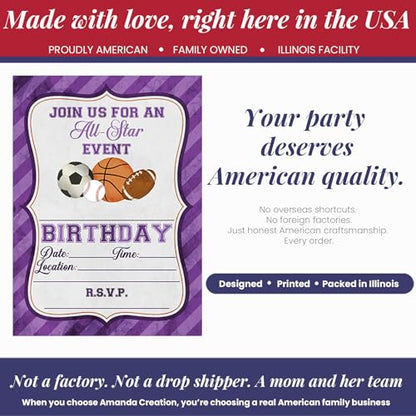 Purple All Star Sports-Themed Birthday Party Invitations for Girls, 20 5x7 Fill In Cards with Twenty White Envelopes by AmandaCreation - style: Purple All Star