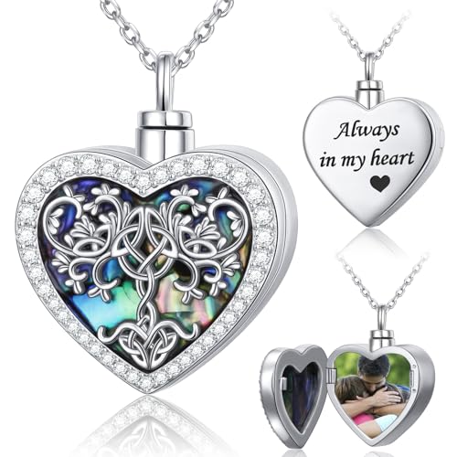 DAOCHONG Celtic Tree of Life Urn Necklace for Ashes Heart Locket Jewelry | Sterling Silver Photo Locket Pendant | Human Pet Ashes Keepsake | Memorial Cremation Gift for Loved Ones