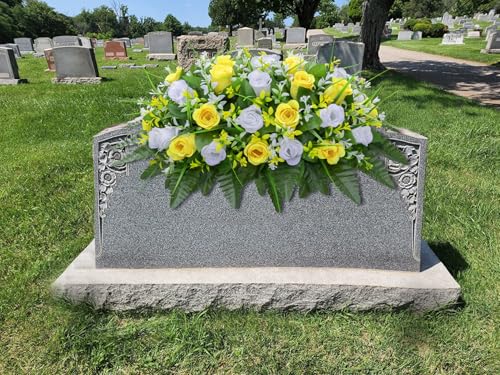 LVXINLI Artificial Cemetery Flowers Saddle-Shaped Tombstone Decorations Non-Fading UV-Resistant（Yellow and White Saddle ） - color: Yellow and White Saddle