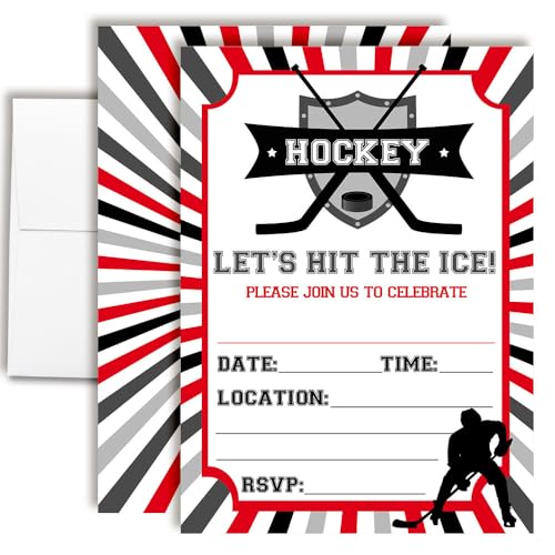 Hockey Birthday Party Invitations for Boys, 20 5x7 Fill In Cards with Twenty White Envelopes by AmandaCreation - style: Hockey Boys