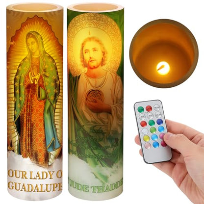 Landhoow 2 Pcs Religious Flameless LED Prayer Candle Real Wax Baptism Candle Set Our Lady of Guadalupe and St. Jude Battery Operated Candles with Remote Control - style: Our Lady of Guadalupe and St. Jude