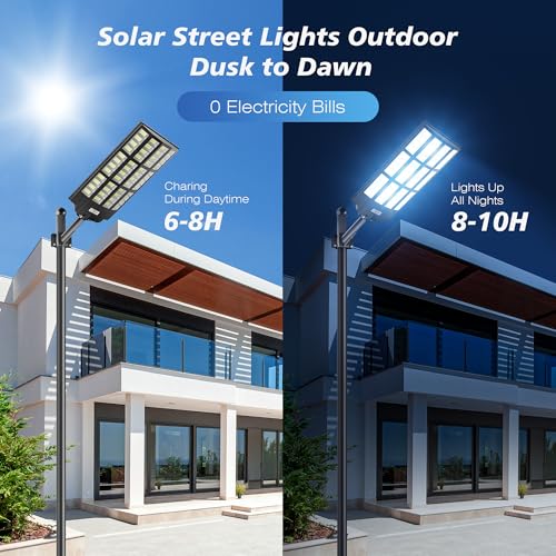 WYWNA 15000W Solar Street Lights Outdoor, 7000K Dusk to Dawn Solar Security Lights with Motion Sensor & Remote Control, IP66 Waterproof Parking Lot Light for Driveway Yard Farm Road - size: 15000