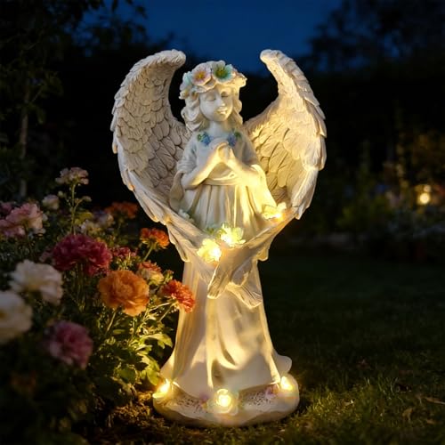 VEEKI Solar Angel Garden Statue Outdoor, Praying Angel Statues Solar Figurine Lights Outdoor Waterproof, Resin Angel Sculpture for Garden Yard Lawn Grave Cemetery Decor, Gift for Mom Grandma Women - color: Wing