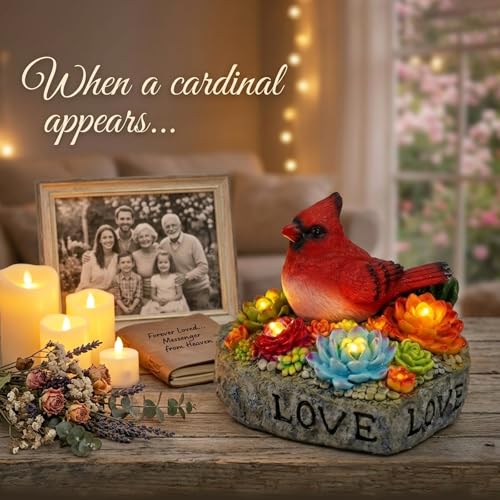 Solar Cardinal Memorial Statue, When Cardinals Appear Angels are Near Red Bird with Glowing Succulents, Sympathy Gifts for Loss of Loved One, Garden Decor