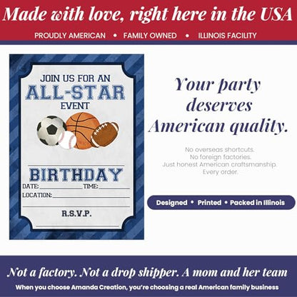 Blue All Star Sports-Themed Birthday Party Invitations for Boys, 20 5x7 Fill In Cards with Twenty White Envelopes by AmandaCreation - style: Blue All Star