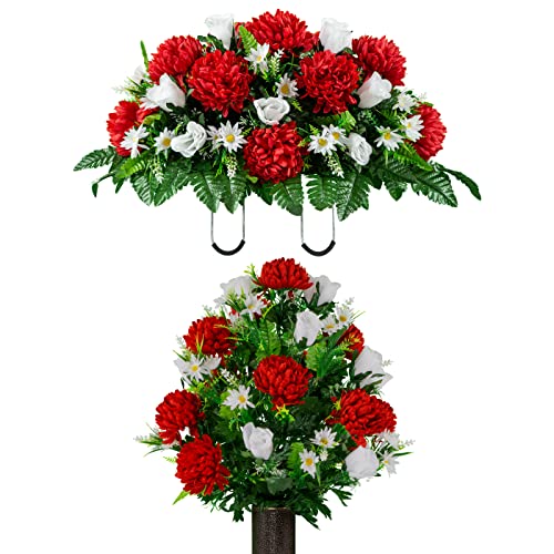 Artificial Cemetery Flowers – Realistic Vibrant Roses, Outdoor Grave Decorations - Non-Bleed Colors, and Easy Fit - 1 Red Mum and White Rose Bouquet & 1 Saddle - color: Red, size: 1 Bouquet and 1 Saddle