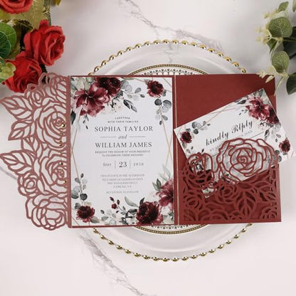 50pcs Tri Fold Wedding invitations Rose Hollow Laser Cut 5x7 '' Burgundy | Blank Wedding Invitation Cards with Envelopes and RSVP Card for Anniversary Engagement Bridal Shower Quinceanera Party Invite - color: Burgundy