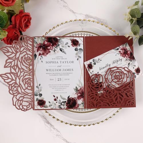 50pcs Tri Fold Wedding invitations Rose Hollow Laser Cut 5x7 '' Burgundy | Blank Wedding Invitation Cards with Envelopes and RSVP Card for Anniversary Engagement Bridal Shower Quinceanera Party Invite - color: Burgundy