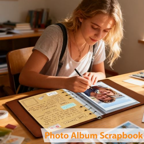 Photo Album 4x6, Leather Scrapbook Album with 50 Photos and 20 Writing Paper, DIY 6 Ring Binder Photo Album for Wedding Kids Birthday Family Travel (Brown) - color: Brown