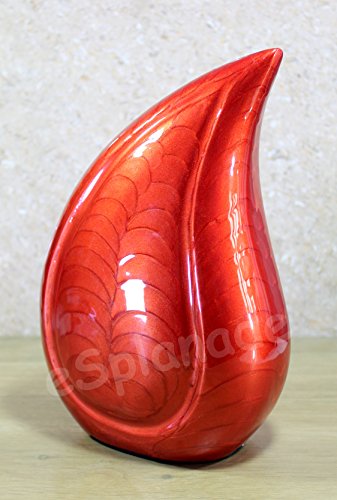 eSplanade Metal Cremation Urn Memorial Jar Pot Container | Full Size Embossed Urn for Ashes Funeral Burial | Teardrop Metal Urns | Red Fire - 10" Inches