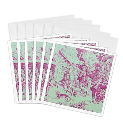 3dRose French Farm Toile. Popular Toile print. 6 Greeting Cards with envelopes