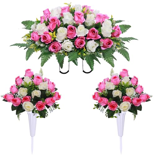 Lodou 3 Pcs Artificial Cemetery Flower Saddles, Rose Headstone Flower Saddle,Cemetery Memorial Flowers with Vase for Outdoor Grave Tombstone Decorations ﻿ (Pink White) - color: Pink White