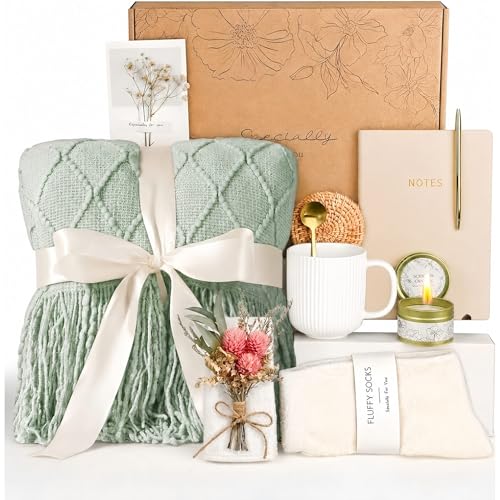OHATOS Self Care Gifts for Women, Care Package for Women, Birthday Gift Basket for Best Friend Sister Mom, Cozy Gift Set, Feel Better Relaxing Gifts for Girls - color: Sage Cream