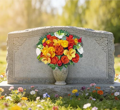 Artificial Cemetery Flowers,Memorial Flowers,Beautiful Arrangements for Headstones,Silk Rose Daisy Cymbidium Spathiphyllum