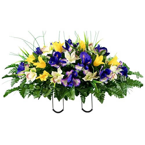 Artificial Cemetery Flowers - Grave Decoration - Yellow Tulip and Purple Iris (1) Headstone Saddle - color: Yellow/Purple, size: (1) Saddle