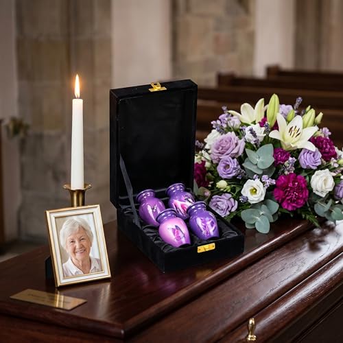 Keepsake Urns Small for Human Ashes Set of 4 | Mini Funeral Cremation Pot with Velvet Box | Cremated Remains Storage Container & Box