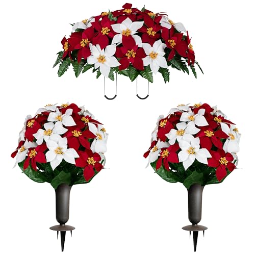 Artificial Cemetery Flowers - Gravesite Memorial Arrangment - Red & White Poinsettia - (1) Saddle (2) Bouquets (2) Vases - color: Red & White, size: (1) Saddle (2) Bouquets (2) Vases