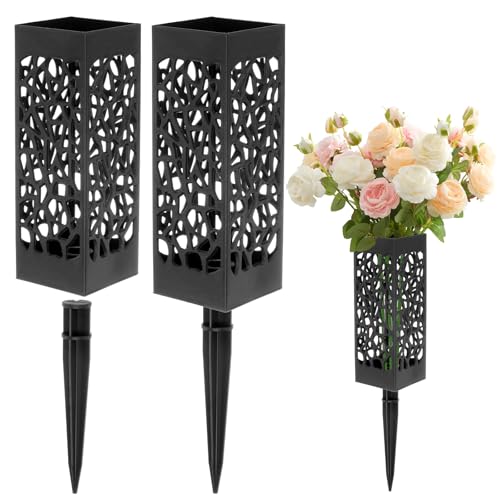 M METERXITY 2-Pack Cemetery Vases with Spikes, Plastic Flower Holder Grave Decorations Drainage Holes for Gravestone/Headstone/Memorial/Cemetery/Grave Markers, Floral Holder Vases [Black]