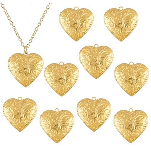Framendino, 10 Pack Gold Stainless Steel Heart Locket Photo Picture Charms Pendants for Jewelry Making