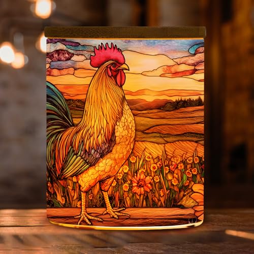 Stained Glass Rooster Tea Light Candle Holder with Bamboo Lid, Sunflower Decorations Light Glass Tealight Holder, LED Candle Tealight Jar for Birthday,Wedding,Home Decor (Rooster) - color: Rooster