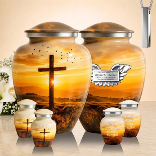 Custom Engraved Plaque Serenity Sunset Cross Urn for Human Ashes Set of 6 Includes 1Large Funeral Urn for Adult Male & Female with 4 Small Keepsake Urn & 1 NecklaceUrn to Memory of Your Loved Ones - color: Serenity Cross Set - Plaque