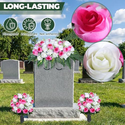 3 PCS Artificial Cemetery Flowers for Grave, Headstone Flower Saddle - color: Pink and White