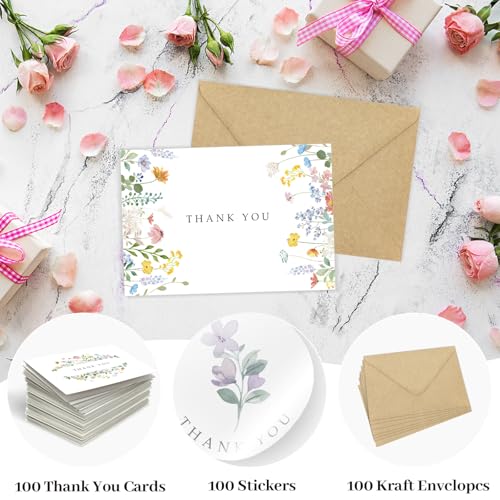100 Pack Floral Thank You Cards with Envelopes, Watercolor Wildflower Thank You Notes with Kraft Envelopes Sticker for Birthday Wedding Baby Shower Bridal Shower Teachers Graduation, 4 x 6 Inch - color: 100pcs