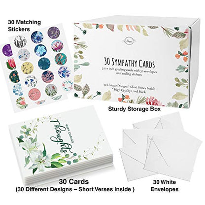 Dessie 30 Unique Sympathy Cards With Greetings Inside. 30 Different, Large Greeting Cards With Envelopes and Matching Sealing Stickers. Includes Sturdy Storage Box.