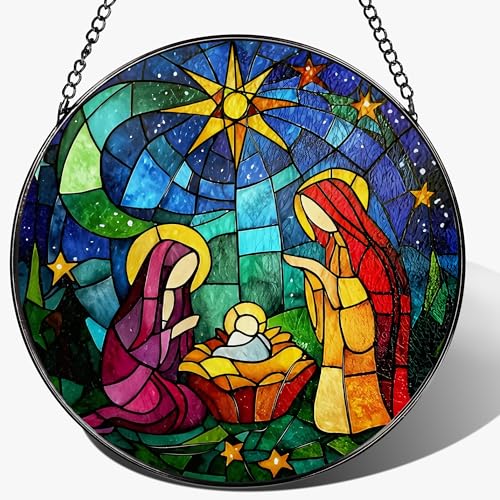 8'' Stained Glass Window Hanging, Nativity Scene Ornament, Religious Ornament, Sun Catcher Window Decor, Christian Holiday Decor, Gifts for Christmas, Christian Gift, Religious Gift - color: Nativity-a