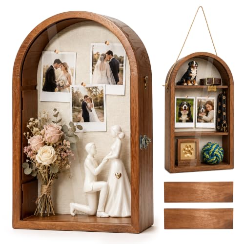 10x16 Shadow Box Frame with Removable Shelves, Acrylic Door, Walnut | Memory Box for Medals, Photos, Wedding Bouquet, Keepsakes & Pet Memorials Warm Walnut Finish Linen Back & Acrylic Door - color: Walnut