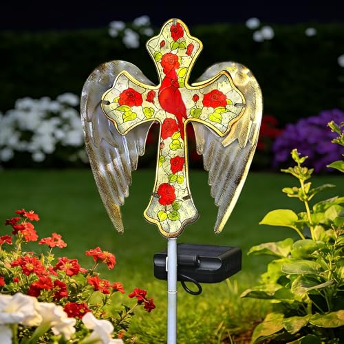 Solar Cross Lights Outdoor, Solar Cardinal Stake Lights Cemetery Decorations for Grave, Jesus Cross Sympathy Memorial Gifts for Women Mom Christmas, Glass Garden Art for Cemetery Yard Patio - style: 1 Pack Cardinal Cross