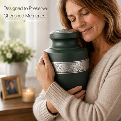 CLEENTABLE Cremation Urn for Human Ashes, Hand Carved Green Metal - color: Green & Silver, size: Hand-Etched Leaf - 7x11"