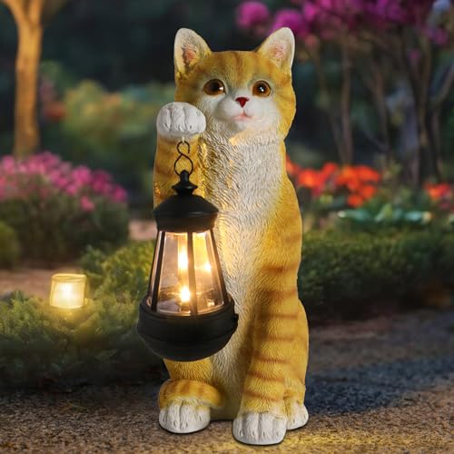 Solar Cat Garden Statue, Orange Cat Statues Outdoor with Lantern, Cat Gifts | 11'' Resin Cat Figurine Sculptures with Solar Light for Indoor,Patio,Yard,Lawn Gardening Gifts for Cat Lovers and Women Mom - color: Orange Cat
