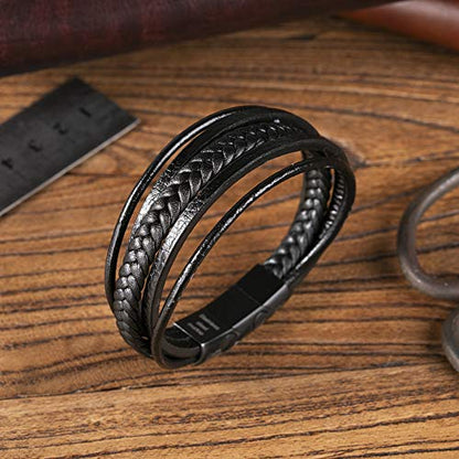 Mens Leather Bracelet with Clasp Cowhide Multi-Layer Braided Leather Mens Bracelet - style: black leather&black clasp&9.2